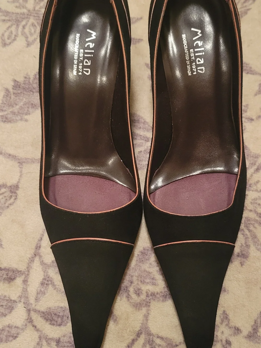 Elian Black Pointed Toe Pumps with Pink Trim